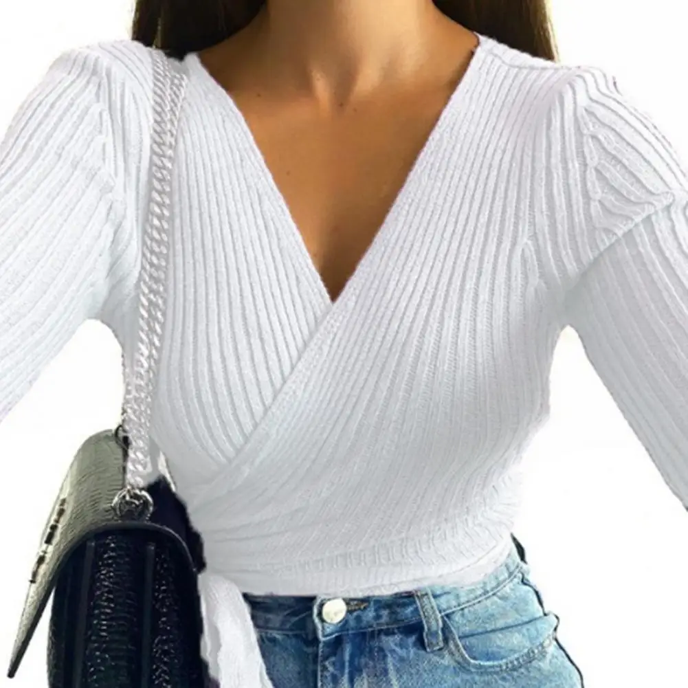

Women Blouses Sexy V Neck Wrap Blouse Solid Color Long Sleeve Slim Ribbed Knitwear Top Sexy Pullovers Female Lady Tops