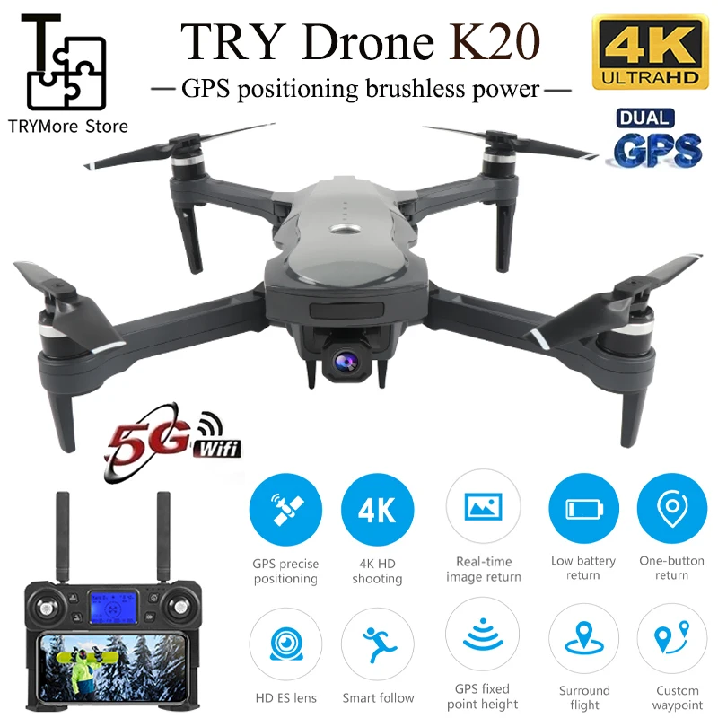 

2019 New K20 Drone With 4k Camera Dual Gps One-key Return Headless Mode Follow Me Circle Fly Rc Drones Toys