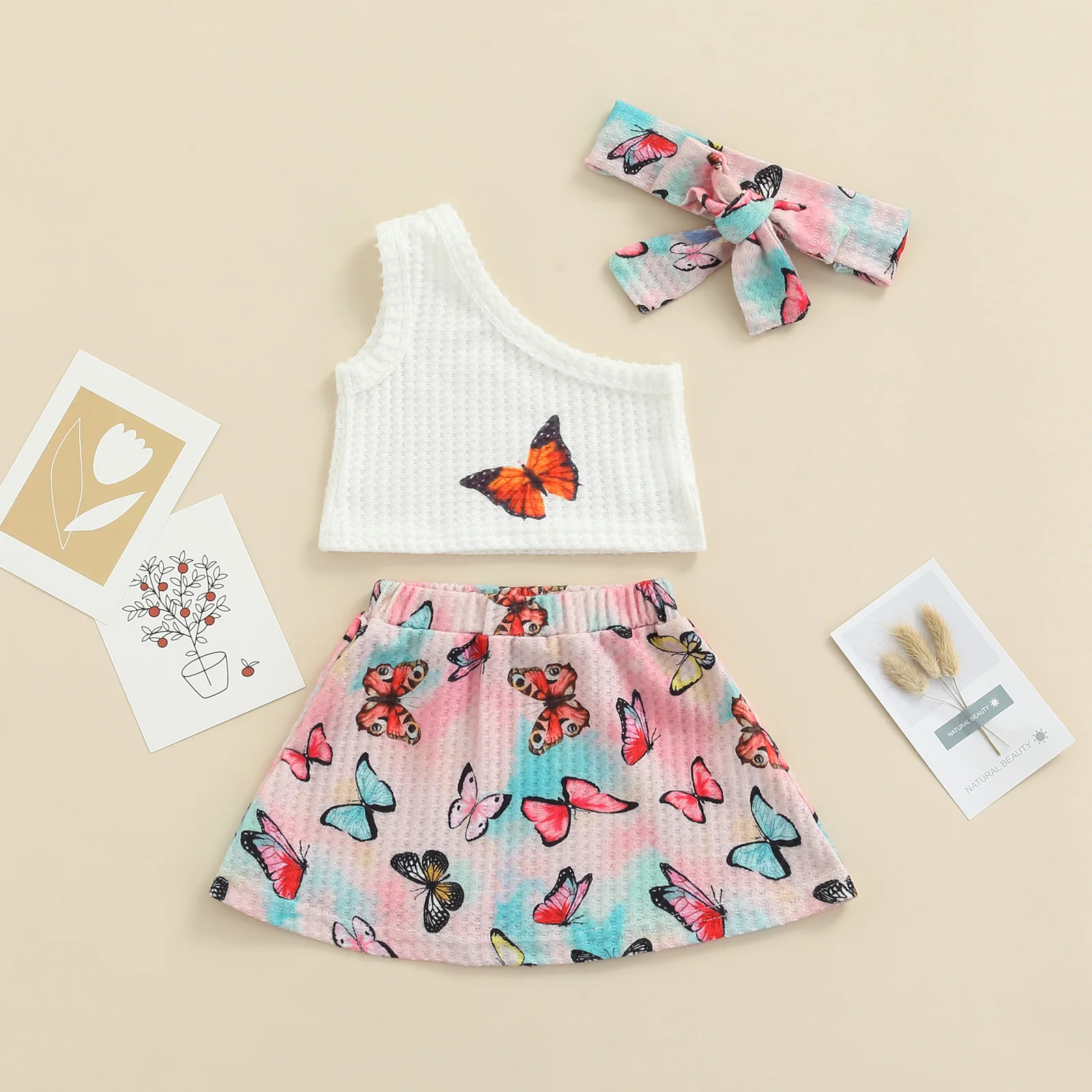 

Baby Girls Summer Clothes One Shoulder Tops with Butterfly Print Skirt and Bow Headband Sets Fashion Sexy Girls Summer Sets
