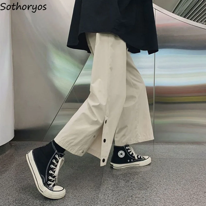 

Women Sleep Bottoms Wide Leg Cargo Pants Couple Baggy Side-buttons Split Hip-pop Harajuku High Street Homewear Leisure Trousers