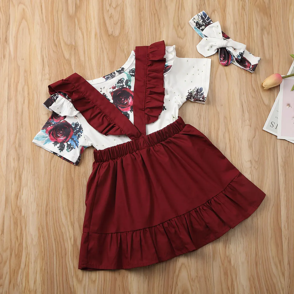 

Pudcoco Baby Summer Clothing Newborn Infant Baby Girl Outfits Floral Short Sleeve Top + Strap Skirts Headband 3pcs Clothes