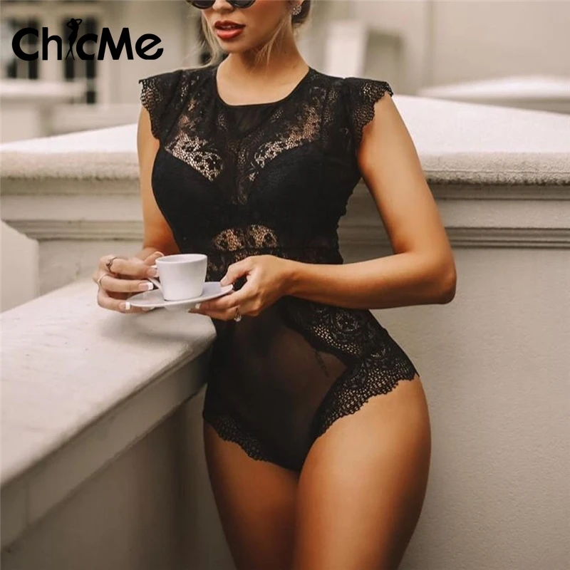 

Chicme Ladies Crochet Black Lace Bodysuit Hollow Out Teddy See Through Sheer Mesh Bodysuit Women Sleeveless Sexy Onesized