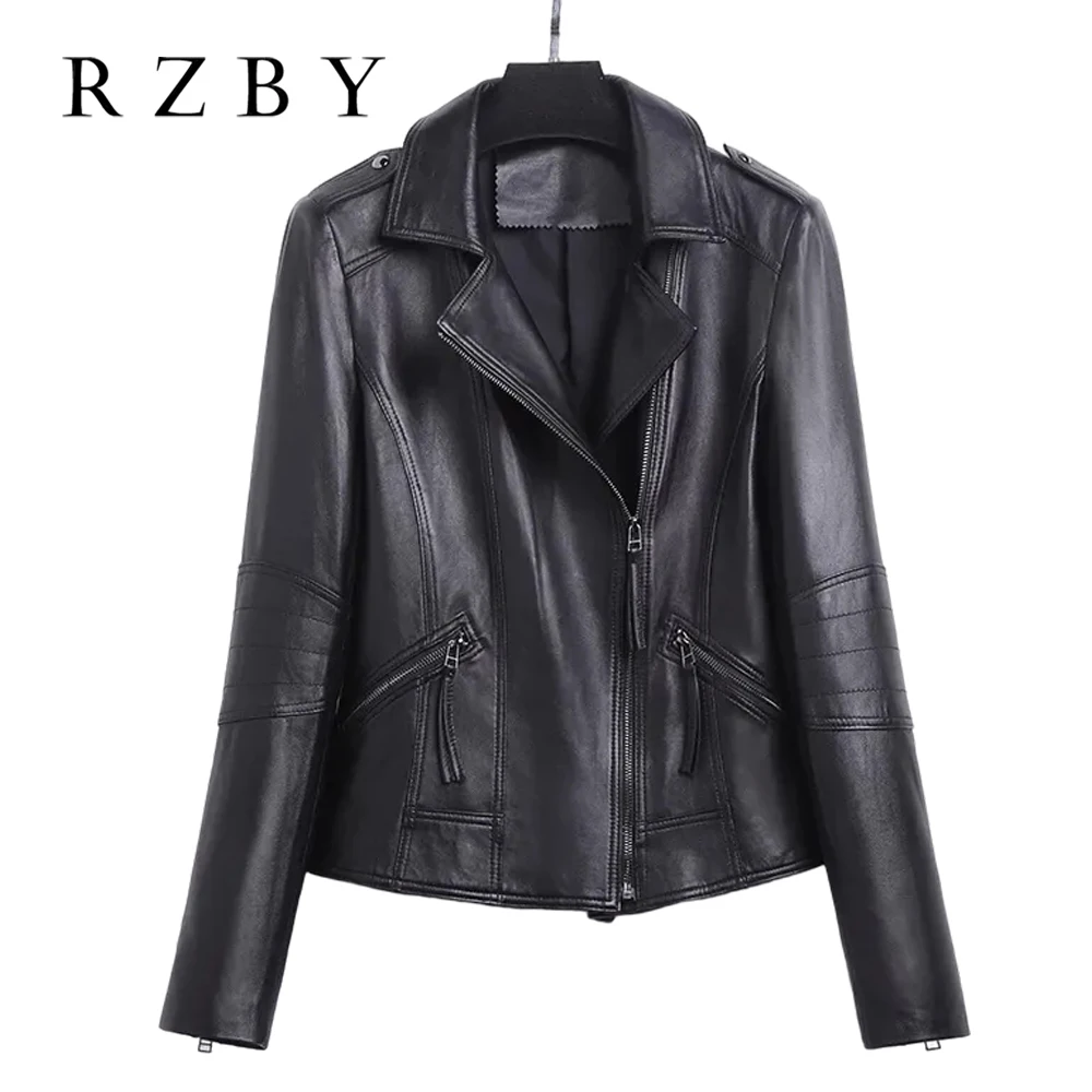 100% Real Sheepskin Jaqueta De Couro Feminina Women Genuine Leather Jacket Trendy Turn Down Collar 가죽자켓 Motocycle Wear RZBY632