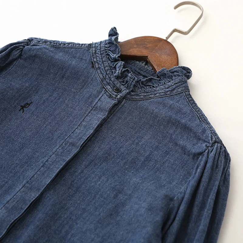 Джинсовая рубашка женская с длинным рукавом однотонная блузка из денима на