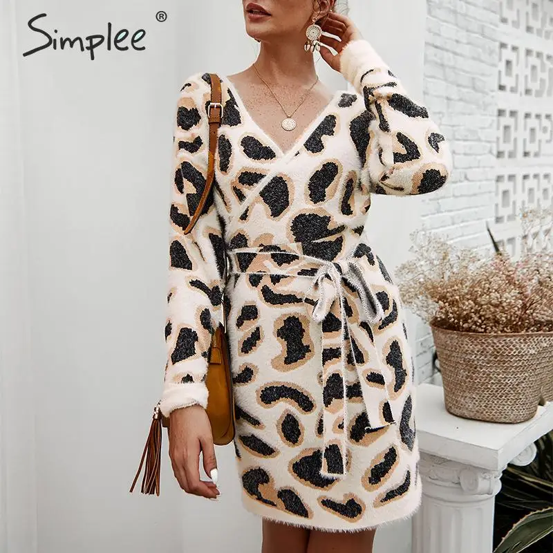 Simplee женское леопардовое трикотажное платье с длинным рукавом и v-образным