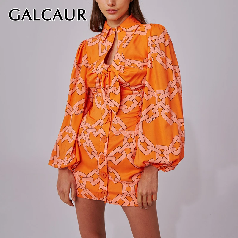 GALCAUR принт хит разноцветное платье женское воротник с лацканами рукав-фонарик на