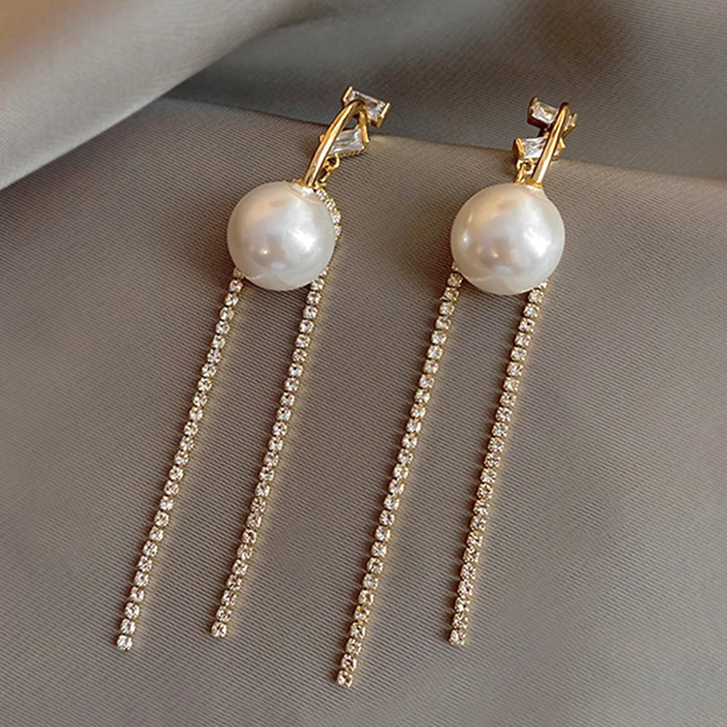 

Trendy Exquisite Pearl Tassel Rhinestone Dangle Earrings for Women High Quality Jewelry Bling AAA Zircon S925 Needle Party Gift