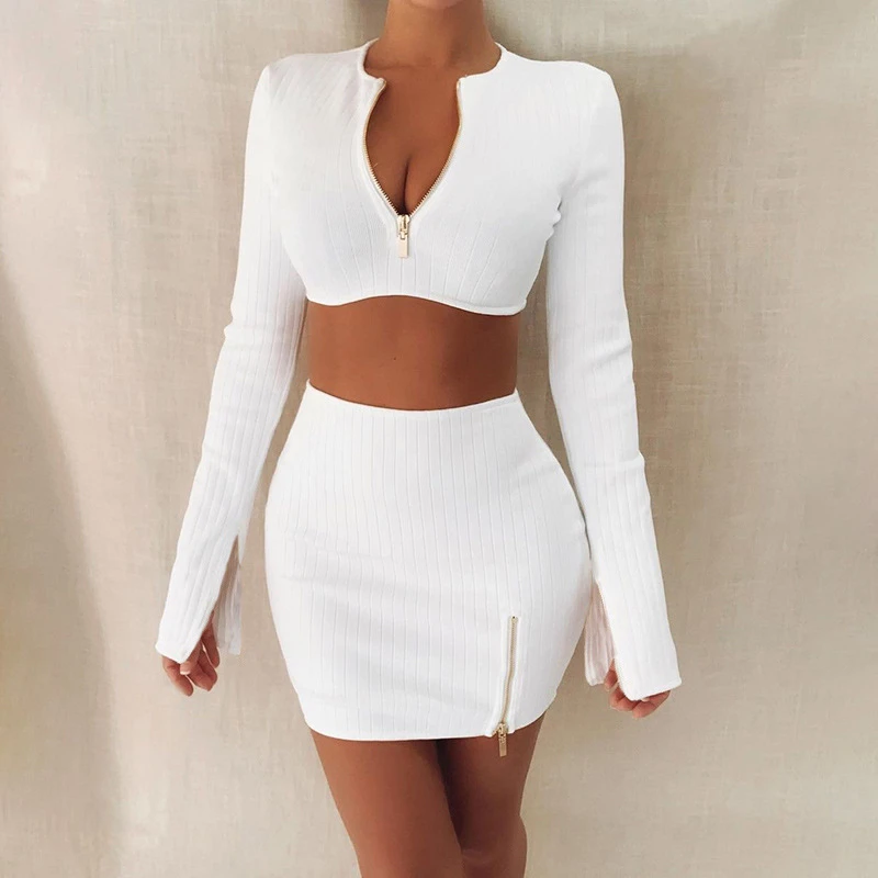 

Sexy Two Piece Set Women Long Sleeve Solid Color Crop Tops And Bodycon Zipper Skrits Black White Fall Casual Plus Size Outfits