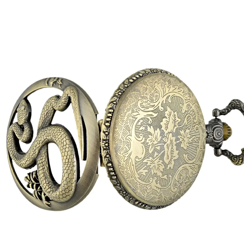 Старинные Бронзовые змея Графический кварцевые карманные часы с цепочкой в