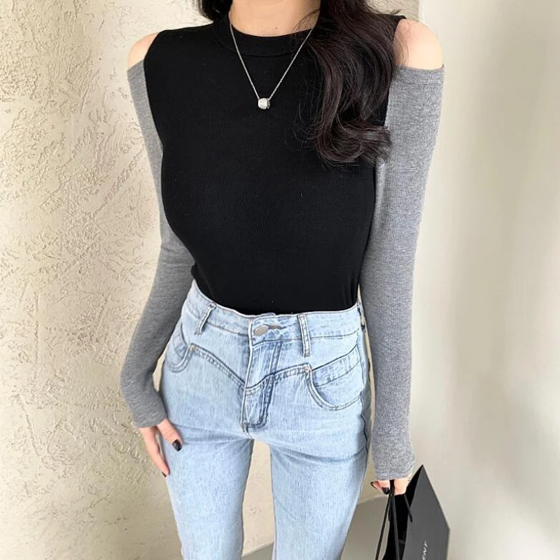 

Sexy Hollow Out Long Sleeve Slim T-shirt Women Casual Round Neck Patchwork Spring Tees High Street Fashion Ladies Short Tops