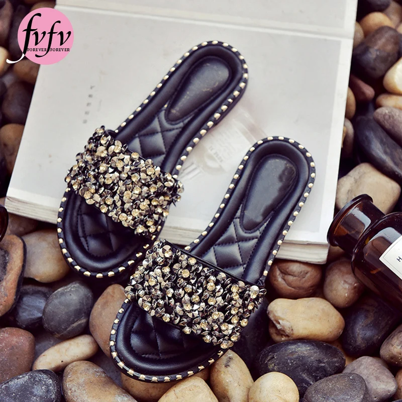 [FVFV] дикие женские блестящие тапочки Сезон лето Повседневная обувь с украшением в