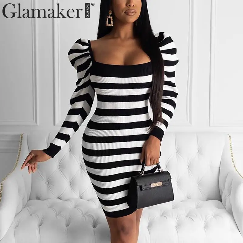 Женское Короткое платье в полоску с рукавами фонариками и квадратным