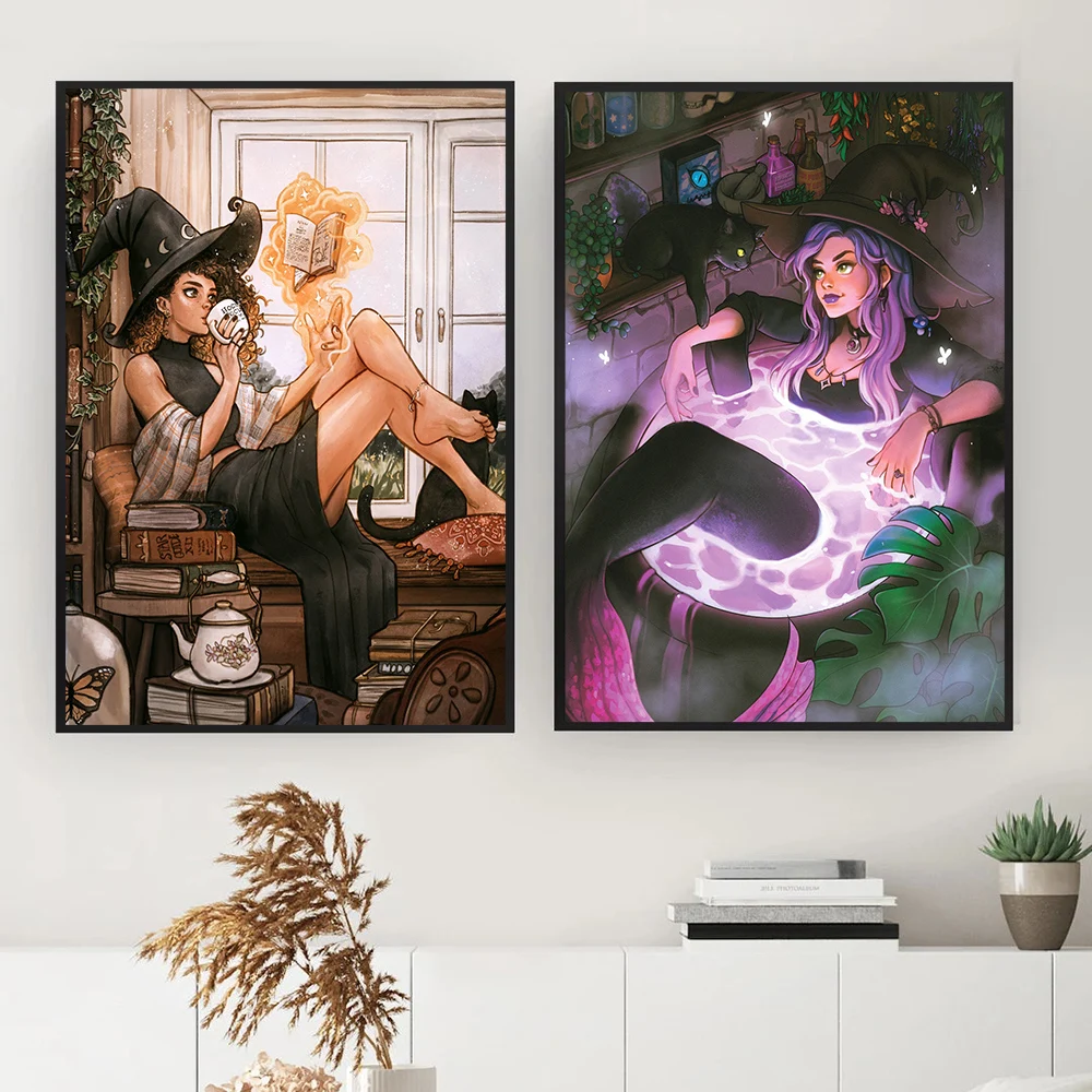 

Mermaid Warm Witch Magic Canvas Painting Wall Art Nordic Posters and Prints Wall Pictures for Living Room Decoration Frameless