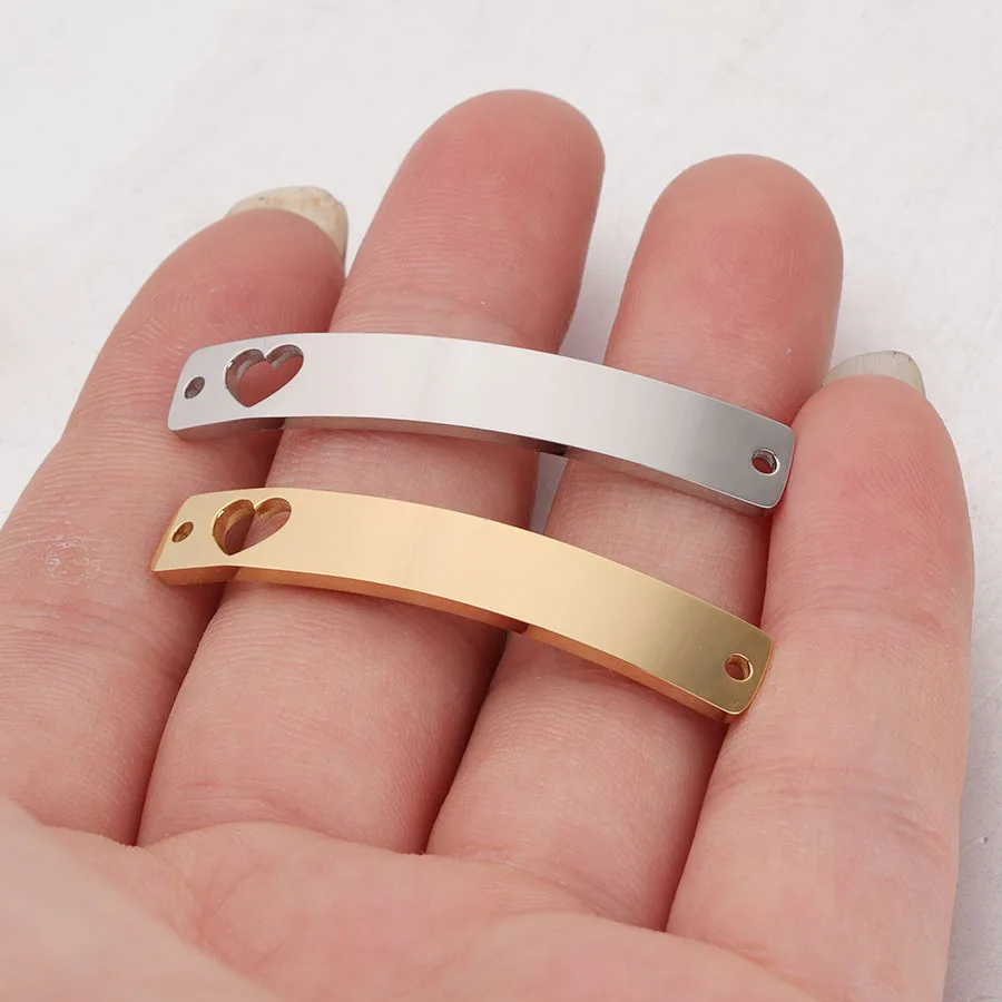 

100% Stainless Steel Hollow Heart Bar Plates For Engrave 2 Hole Metal Bend Bar Rectangle Tag Mirror Polished Wholesale 20pcs