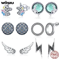 wostu 100 925 sterling silver flower unicorn fairy stud earrings for women original wedding earrings fashion silver 925 jewelry