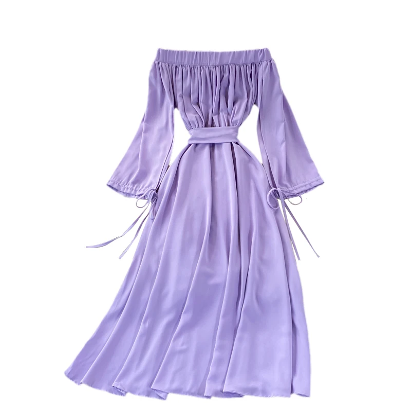 

Autumn Sexy Slash Neck Off Shoulder Women Midi Dress Elegant Vacation Beach Vestidos Hollow Out Drawstring Long Sleeve Robe 2021