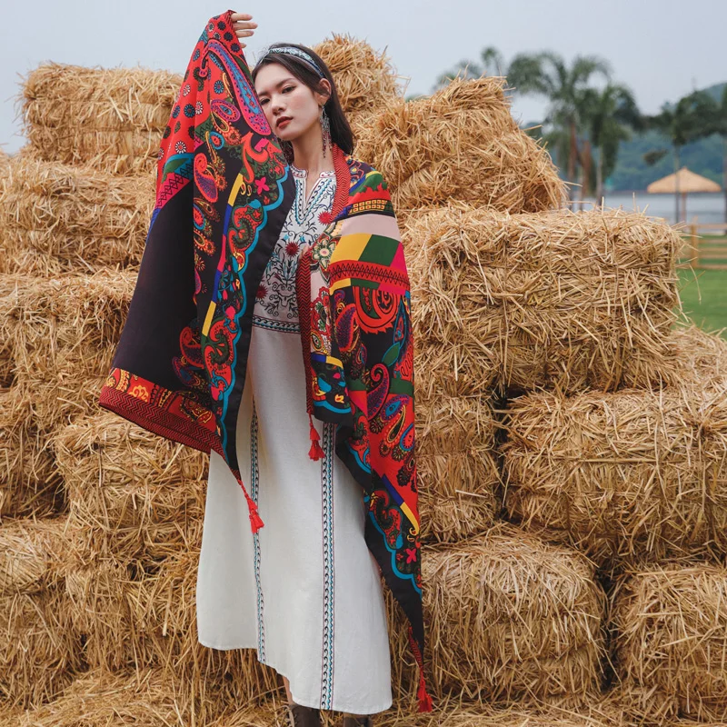 Новая женская накидка VANOVICH из хлопка и льна с принтом в этническом стиле бахромой