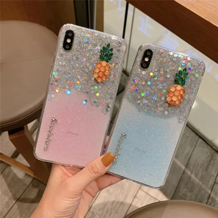 Блестящая Обложка с блестками 3D Ананас милый телефон чехол для iPhone 6 6s 7 8 Plus X Xr Xs Max