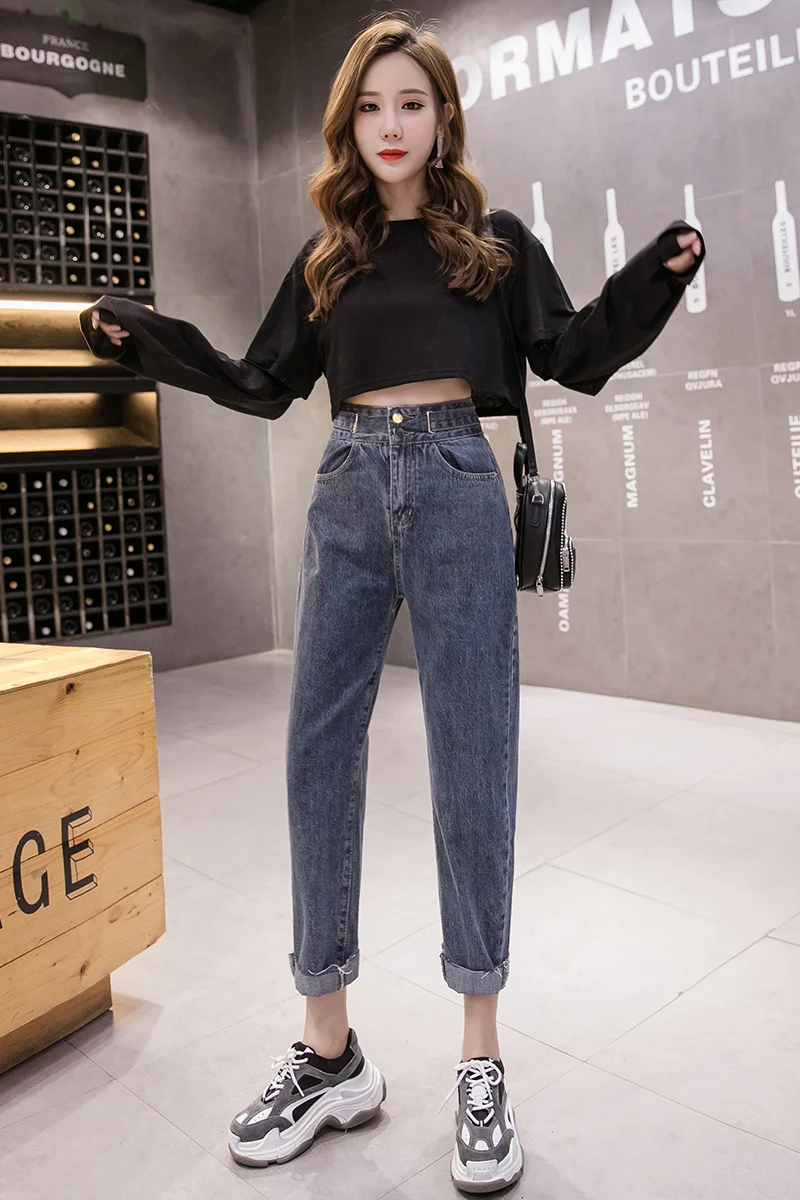 

Houthion New High-waist Women's Jeans Fashion Straight Pocket Zipper Korean Casual Solid Pants Summer