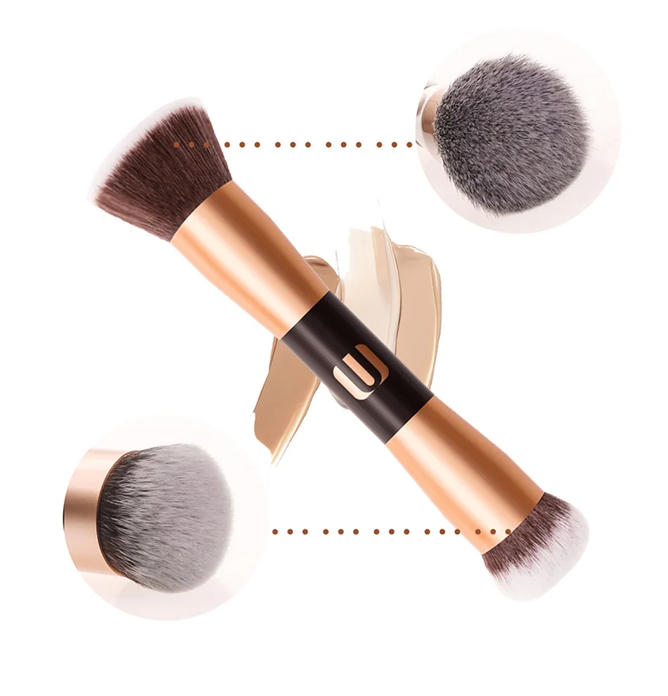 Duo-end Кисть для макияжа, многофункциональная деревянная ручка, Золотой наконечник, косметическая основа, пудра, консилер, Кисть для макияжа