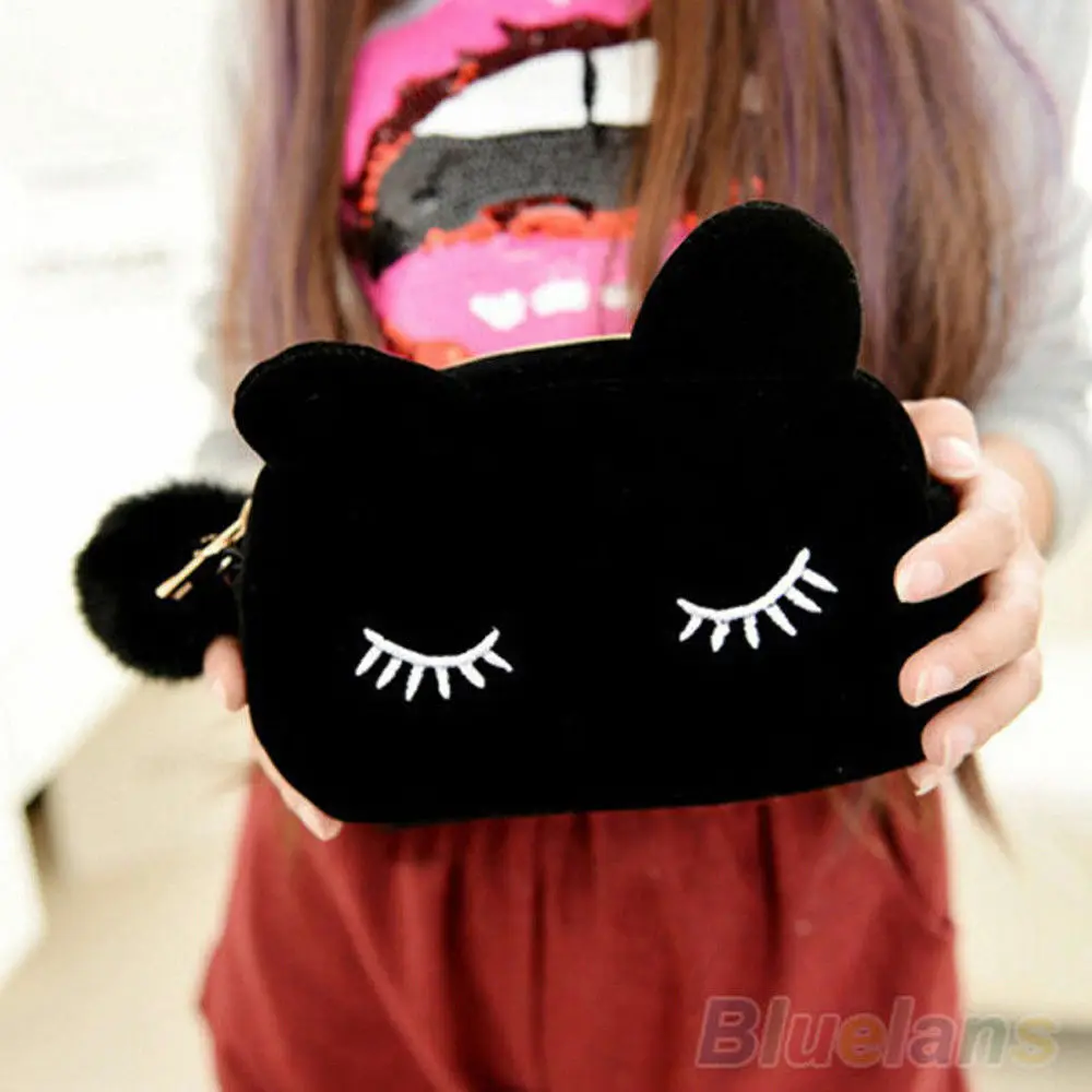 Black Pencil Case Pen Box School Stationery Cosmetic Makeup Velour Pouch Zipper Bag Cartoon Cat Multifunction Purse Travel | Дом и сад