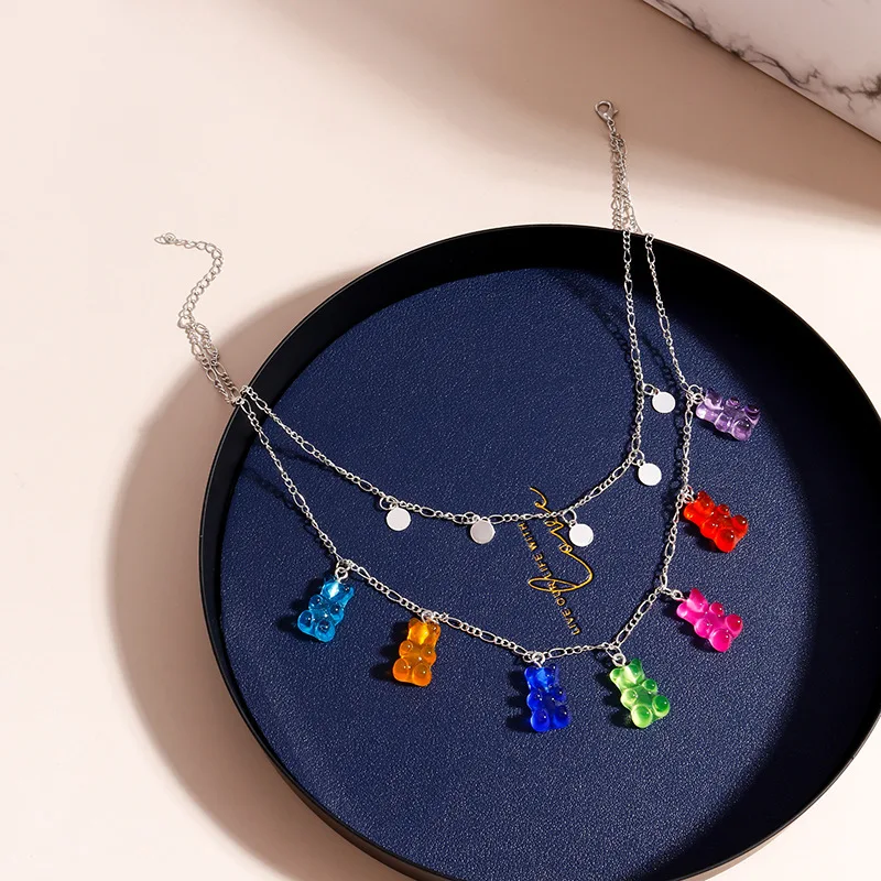 

2021 Fashion Sequins Resin Gummy Bear Candy Color Necklace For Women Cute Colorful Animal Gummy Bear Double Layer Chain Necklace