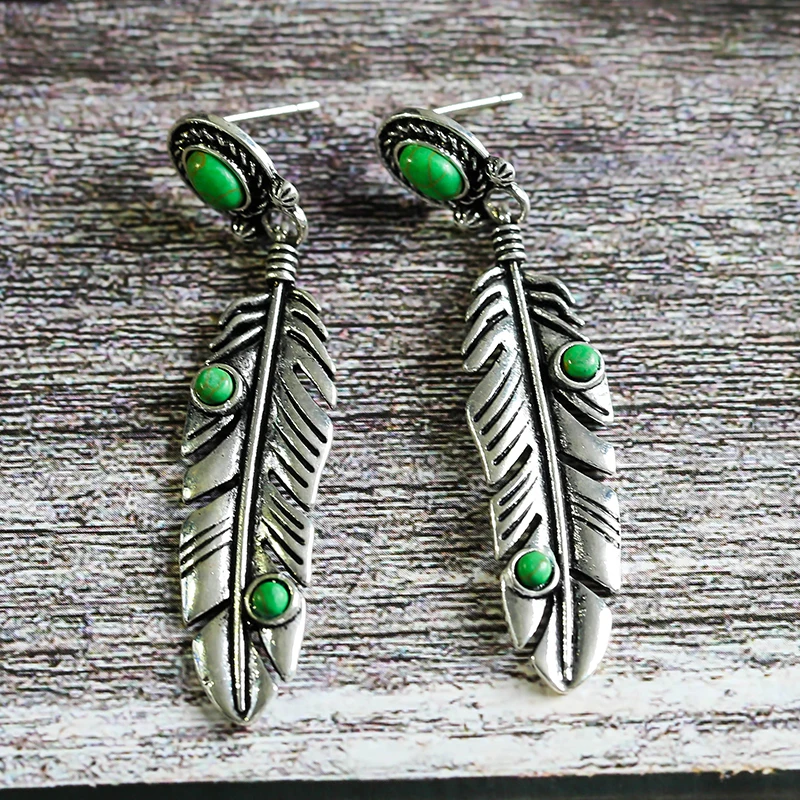 Vintage Bohemian Feather Dangle Earrings for Women - Silver Color Drop Jewelry image 4