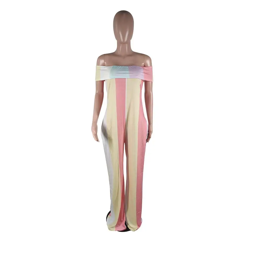 Adogirl Women Sexy Colorful Stripe Print Jumpsuit Folded Slash Off Shoulder Wide Leg Pants Loose Romper One Piece Bodysuit