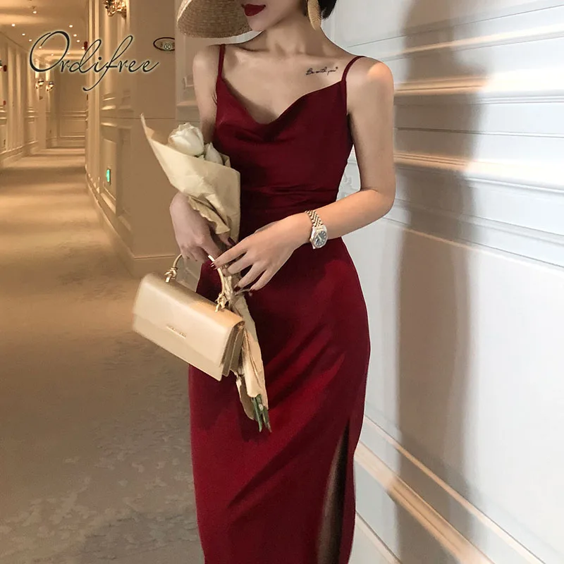 

Ordifree 2022 Summer Vintage Women Satin Slip Dress Spaghetti Strap Side Slit Black Burgundy Silk Sexy Long Party Dress