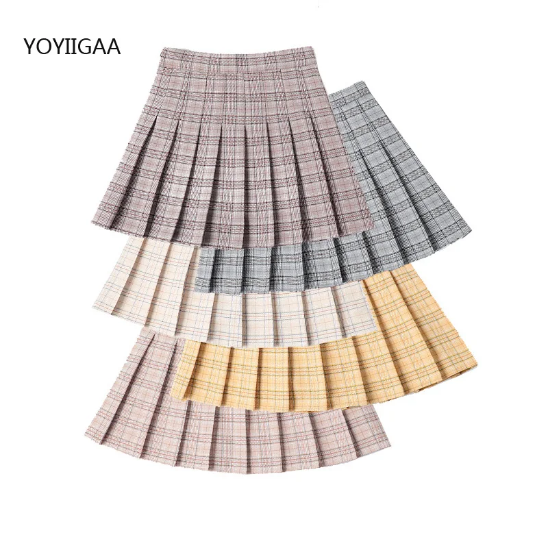 

Летняя женская короткая юбка с высокой талией, модная женская плиссированная юбка в клетку, мини-юбка в стиле Харадзюку, приталенная трапец...