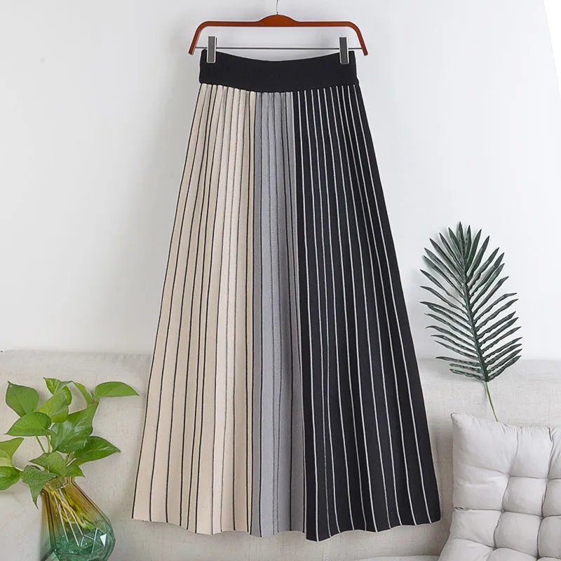 

Полосатые трикотажные юбки, Женская длинная юбка с эластичным поясом, осенне-зимняя плиссированная юбка, трапециевидная Корейская трикота...