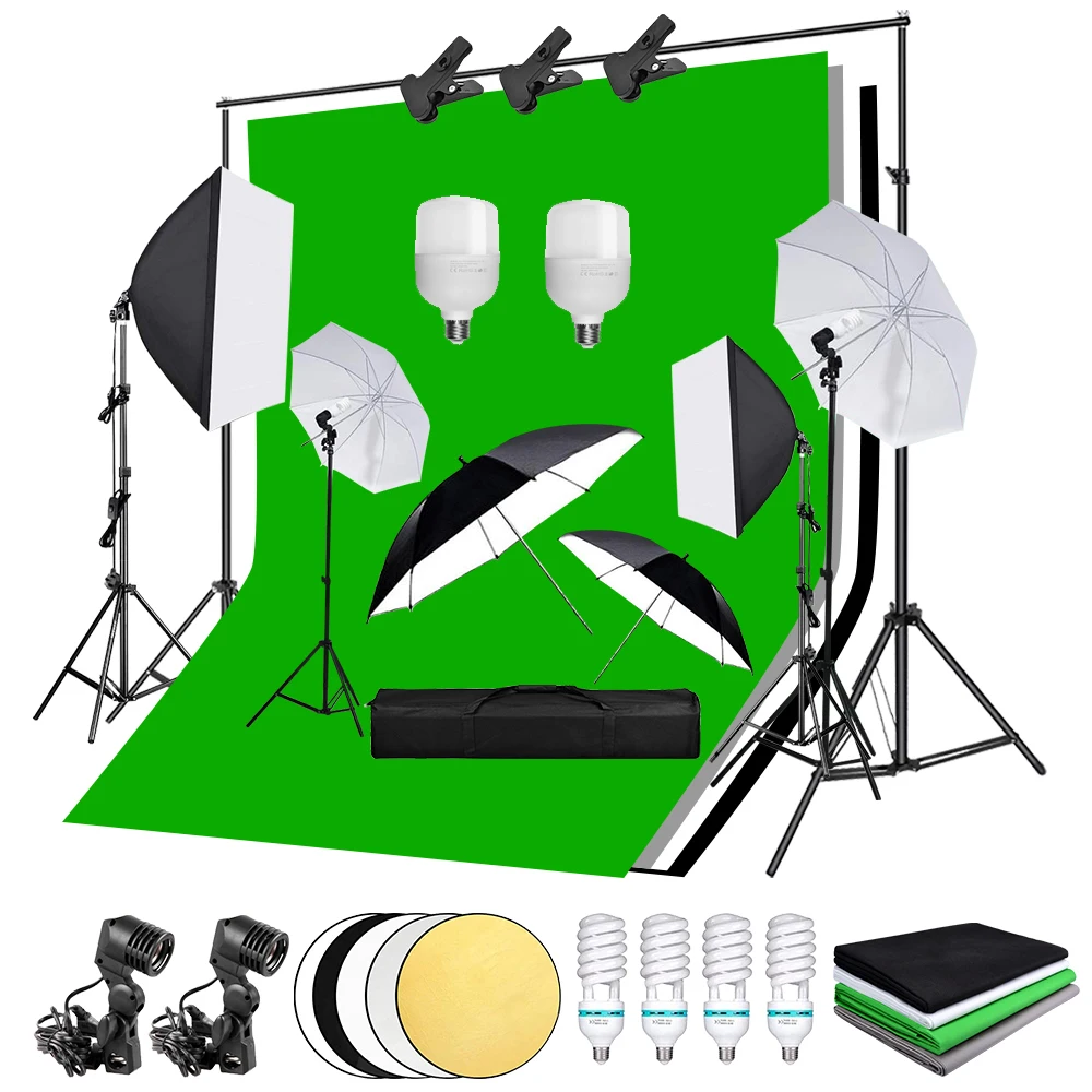 

Photography Photo Studio Softbox Lighting Kit 2*3m Backdrop Support 135W Bulb Green Background Tripod Stand Reflector Umbrella