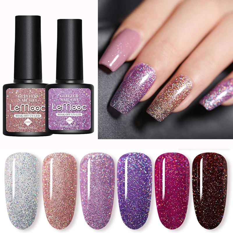 LEMOOC 8 мл блестками пайетками Гель-лак для ногтей! Полупостоянная фиолетовый