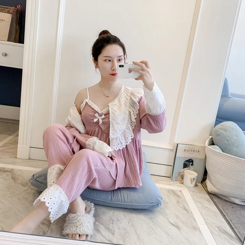 

Новинка 2020, Весенняя женская пижама из трех предметов на бретельках, кардиган, домашняя одежда, домашняя одежда, женская пижама, женские спа...