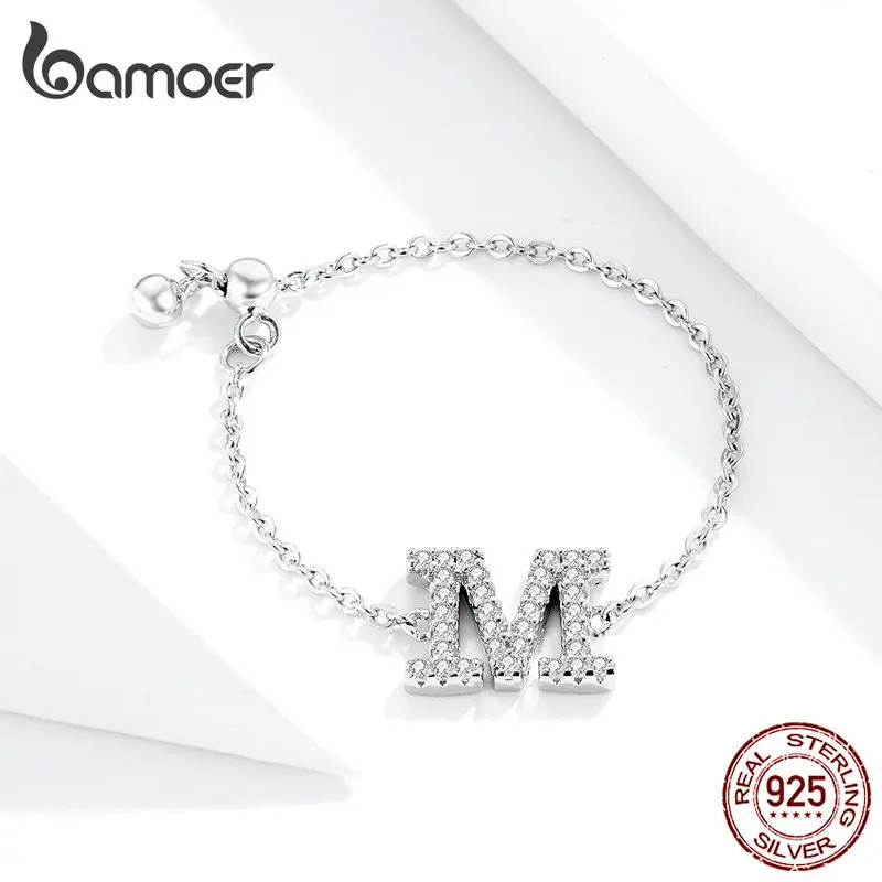 Bamoer, Стерлинговое Серебро, 925 цепочка, регулируемые кольца для женщин, прозрачное CZ письмо, алфавит, кольцо на палец, модное имя, ювелирное изделие SCR601