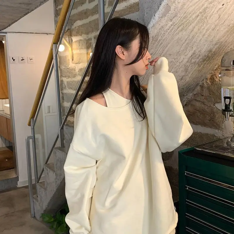 

Harajuku Solid Fake Two-piece Sweatshirts Women O-neck Clothes Autumn 2022 Korean Fashion Loose Bf Style Vintage Strapless Tops
