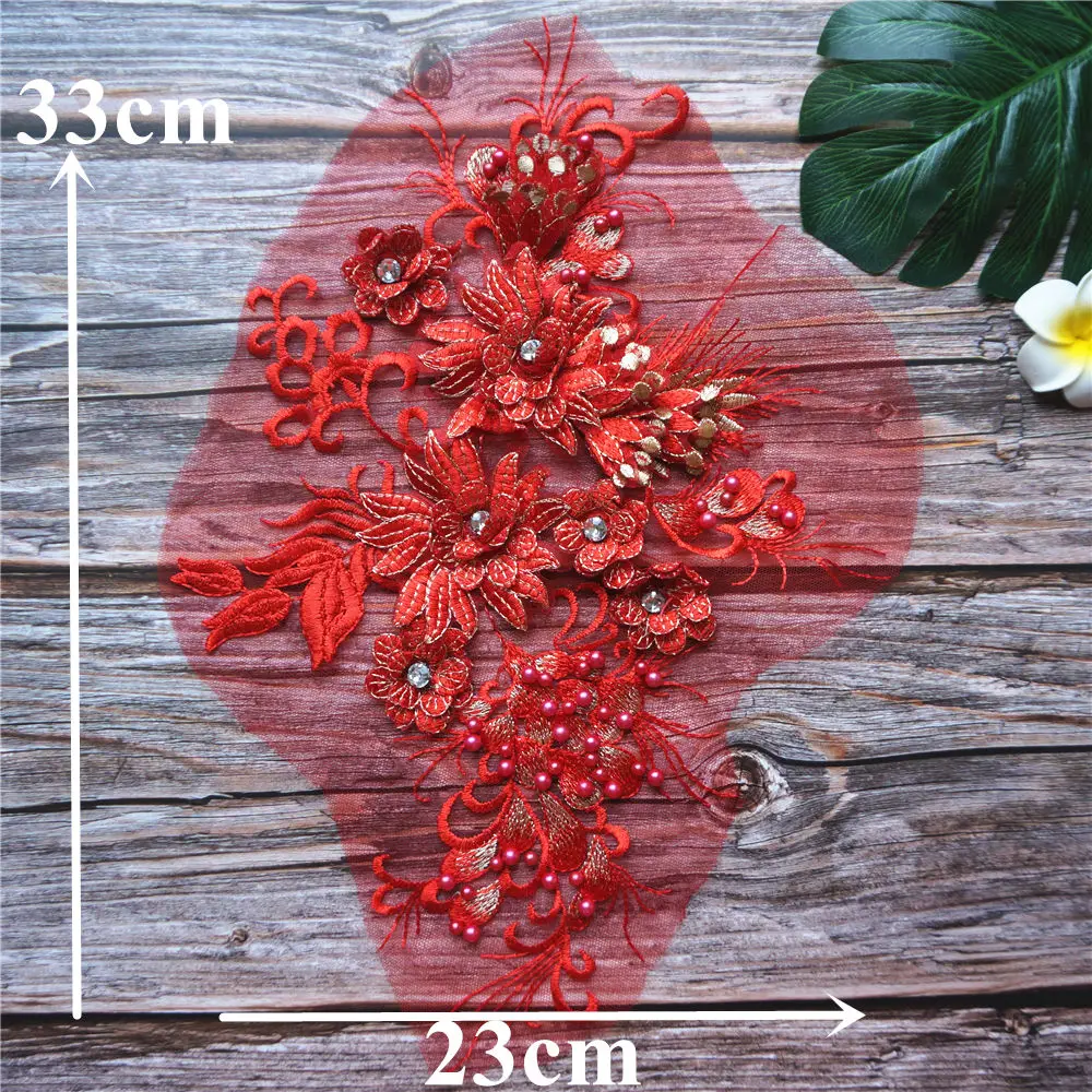 Кружевные тканевые бусины с красными цветами вышитая аппликация для платья