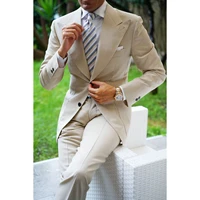 2 pieces beige mens suits slim fit wide peak lapel groomsman two button groom tuxedo suits for men wedding blazer costume homme