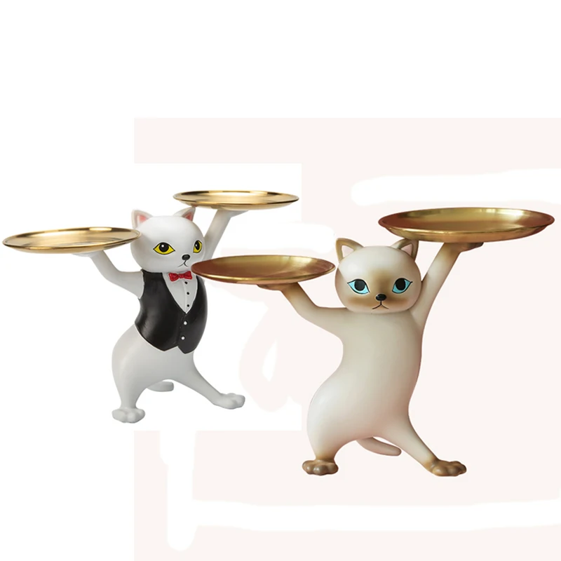 

Enchanting Carry The Coffin Cat Statue with Tray Ornaments Entrance Desktop Keys Snack Lipstick Storage Shy Cat Tray Holders
