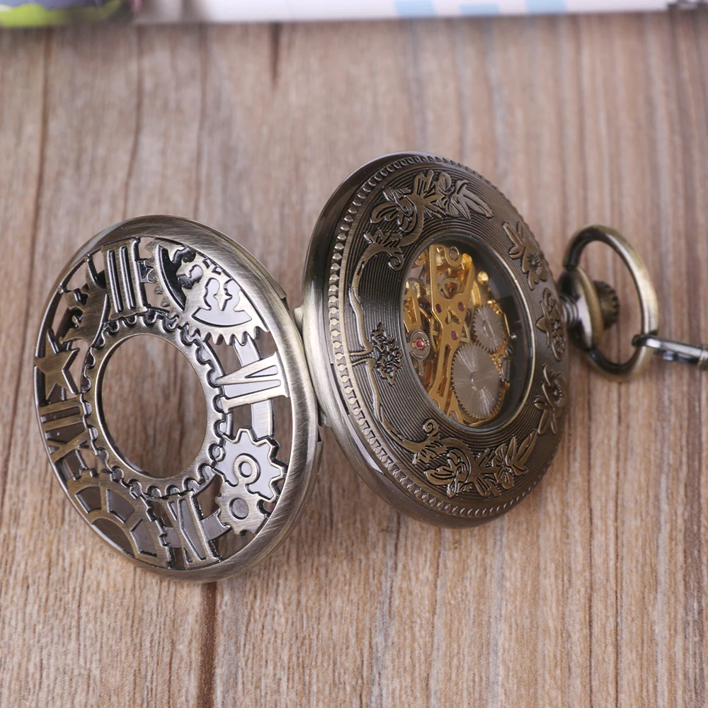 Unique Newest Machine Wheel Gear Mechanical Pocket Watch Roman Numerals Skeleton Pocket&Fob Watches