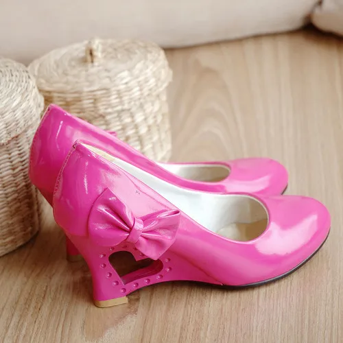 

Women Sweet Bow High Heel Shoes Slope Women's Shoes Big Size 42 43 Patent Leather Heterotypic Heel Pumps for Woman Party Shoes