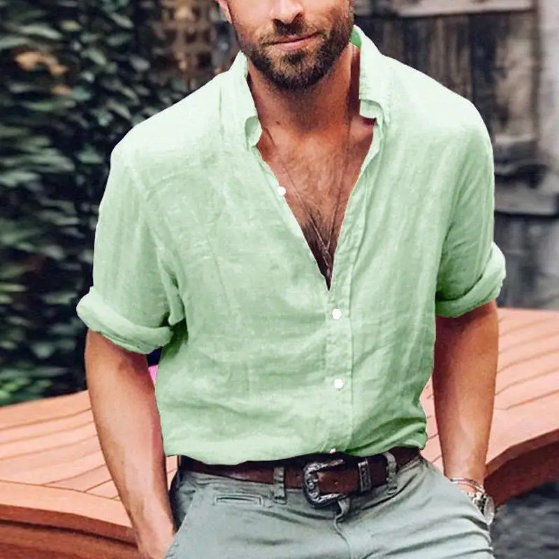 Мужская льняная блузка Рубашки Топы короткий рукав мешковатые пуговицы летняя