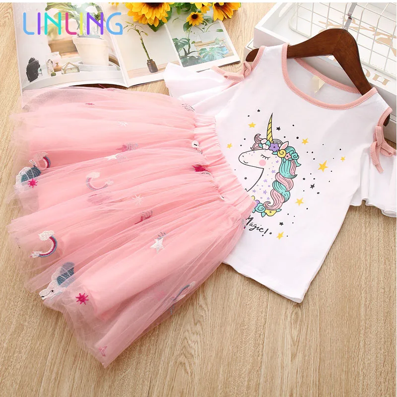 Платье с единорогом для девочек летние комплекты одежды 2020 Милая футболка +