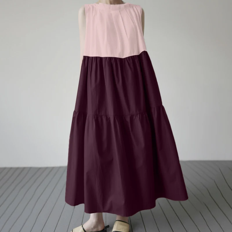 

Summer Ruffle Sleeveless Patchwork Sundress Elegant Pleated O Neck Dress Women Casual Loose OL Vestidos Maxi Party Kaftan