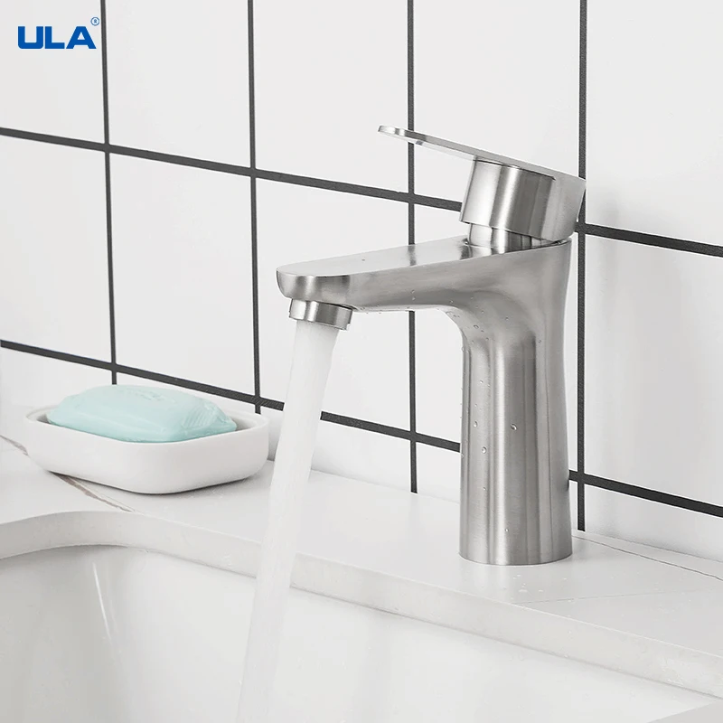 Смеситель для раковины ULA черный матовый водопад струй излива, горячая и холодная вода.