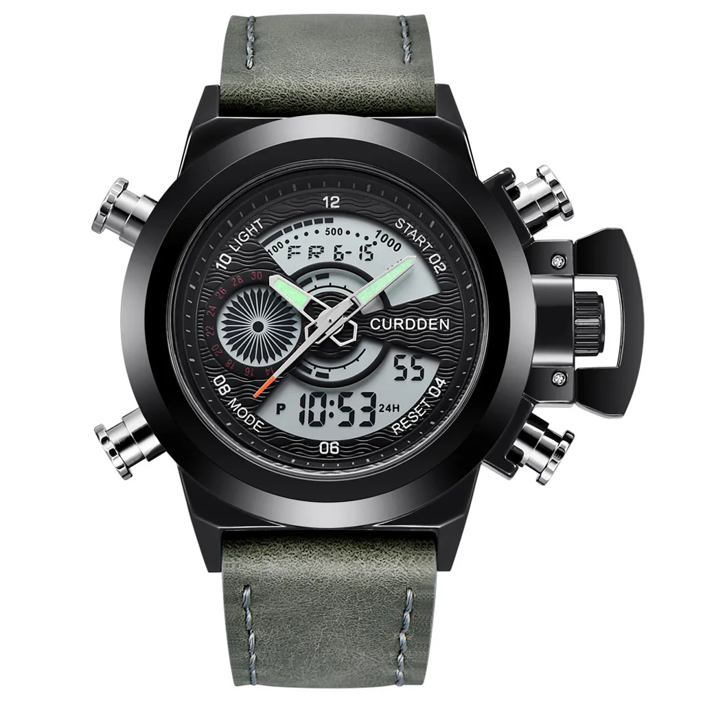 CURDDEN Watch Men Relogio Masculino Dual Display Leather Strap Steel Sports Quartz Wristwatch Life Waterproof Horloge Heren 40