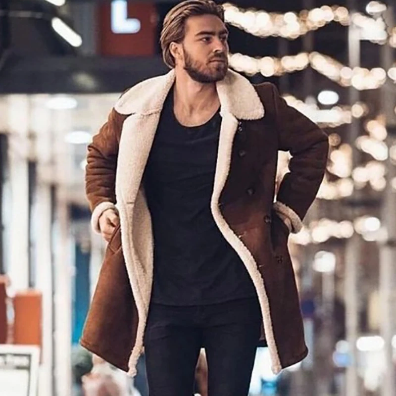 Autumn Winter Warm Fleece Mens Jackets Vintage Lapel Faux Suede Overcoat Fashion Casual Long Sleeve Button Outerwear Streetwear | Мужская