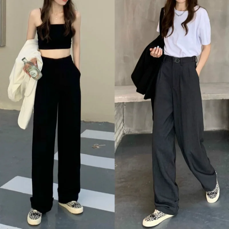 

Black High Waist Office Suit Pants Wide Leg Pants Trousers button design high waist thin trousers retro mopping pants women new