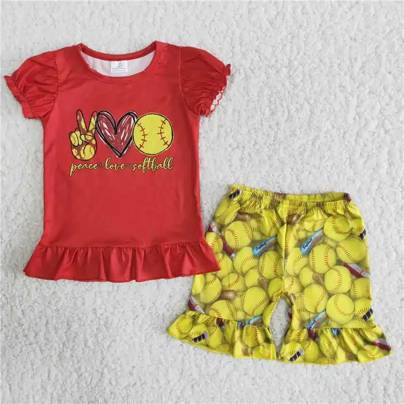 

Wholesale Baby Girl Boutique Peace Love Softball Clothes Red Short Sleeve Shirt Yellow Ruffle Baseball Shorts Children Kids Set