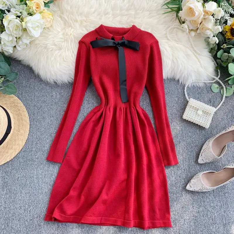 ALPHALMODA осеннее трикотажное платье с длинными рукавами и галстуком-бабочкой, милое женское платье с тонкой талией в консервативном стиле, трикотажное платье
